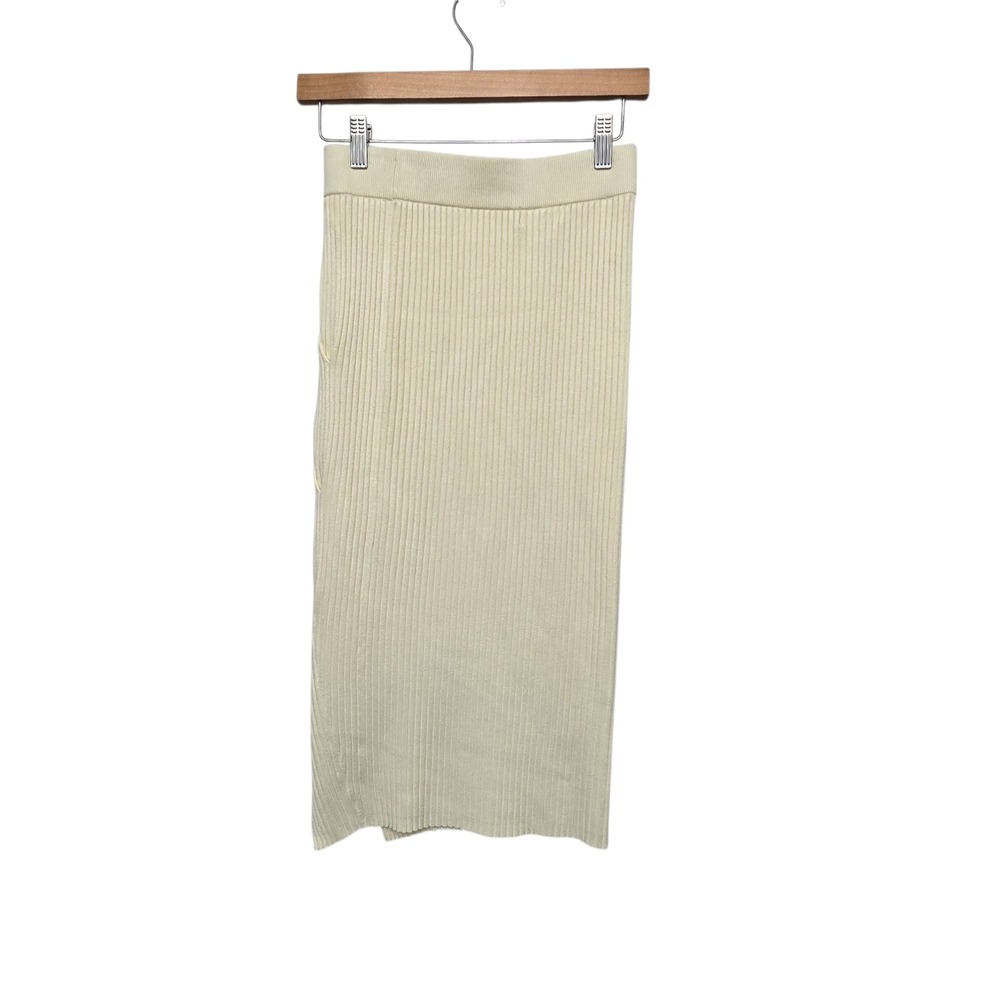 Maeve Anthropologie Ribbed Knit Midi Skirt Cream Twisted Side Slit Size XS Ivory - Picture 3 of 8